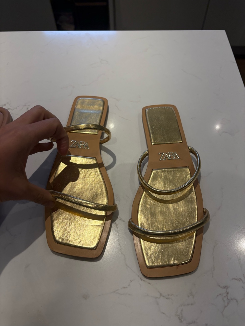 Zara Gold Strappy Square-Toe Slide Sandals